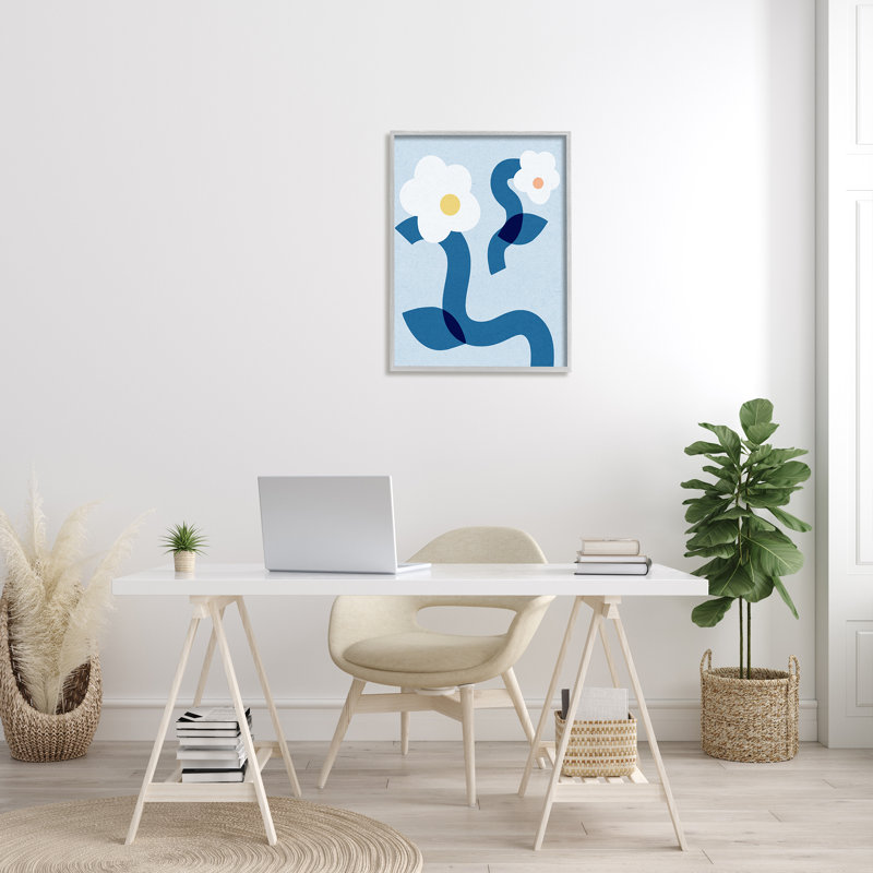 Abstrait blanc à motif floral pop avec tiges courbées bleues surdimensionnées encadrées par Giclée par Daphne Polselli