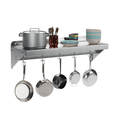 Stainless Steel Shelf Pot Rack, Wall Mounted Shelf With Hooks, 220 Lb Capacity Commercial Shelves Metal Shelving, Cookware Organization Storage Rack