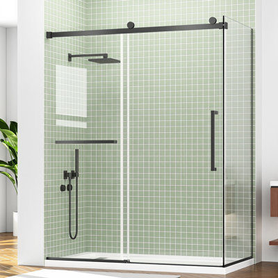 60" W x 32" D x 76" H Frameless Sliding Shower Glass Door, Corner Shower Door L Shaped, SGCC 3/8" & 5/16" Tempered Glass, Double Nano Coating, Stainless Steel, Leak-Proof, Black