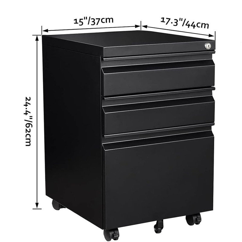 3 Drawer File Cabinet with Lock and Wheels,Black Rolling File Cabinet,Fit A4/Letter/Legal File Stylish & Practical