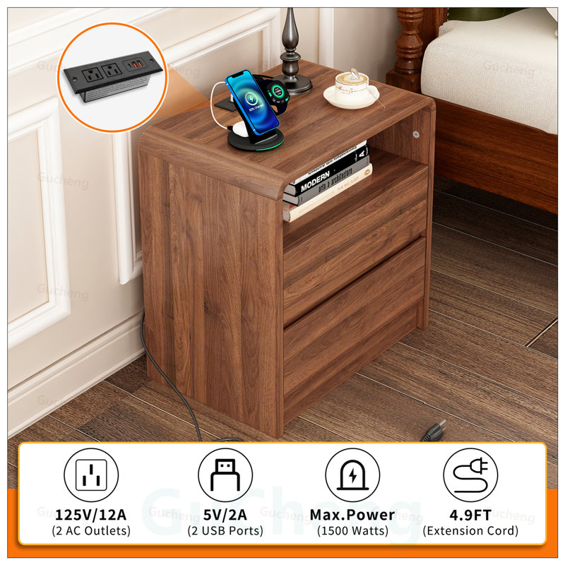 Grande table de chevet moderne avec station de charge, 2 tiroirs de rangement et profil incurvé pour la chambre à coucher et le salon