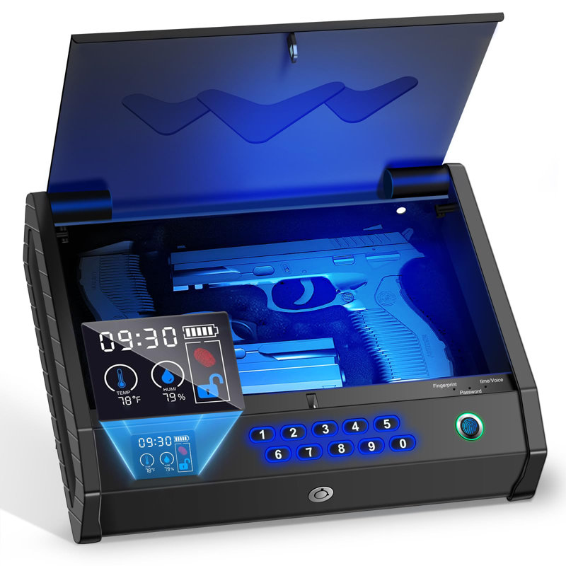 Gun Safe, Biometric Gun Safes For Handgun With LCD Of Temp Humidity Battery, USB-C Port, Fingerprint Quick Access Pistol Safe For 2 Guns, Handgun Safe For Home Bedside Nightstand Car