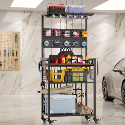 Support de rangement pour canne à pêche avec panneau perforé, chariot organisateur de matériel de pêche à roulettes, support à équipement de pêche à plusieurs niveaux pour cannes, moulinets, boîtes et sacs de matériel de pêche, métal robuste avec roues verrouillables