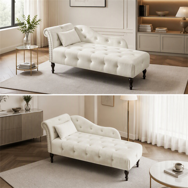 60,6 "Velours méridienne boutons capitonnés garnis de têtes de lit en bois massif avec 1 coussin, blanc (conception à accoudoir gauche)
