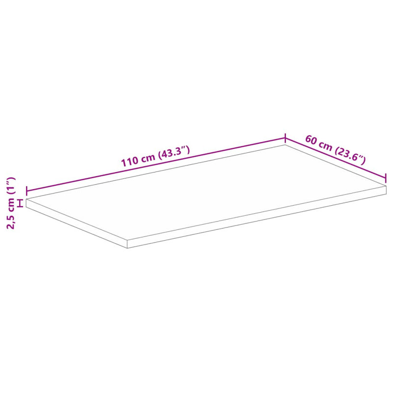 Solid Wood Table Top, 2.5cm H x 110cm W x 60cm D