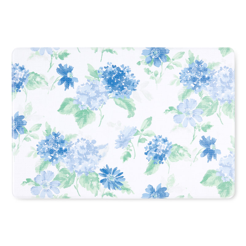 Martha Stewart Amber Floral Daisy Stripe Reversible Water-Resistant Kitchen Mat, Rectangle 20" x 30", Blue