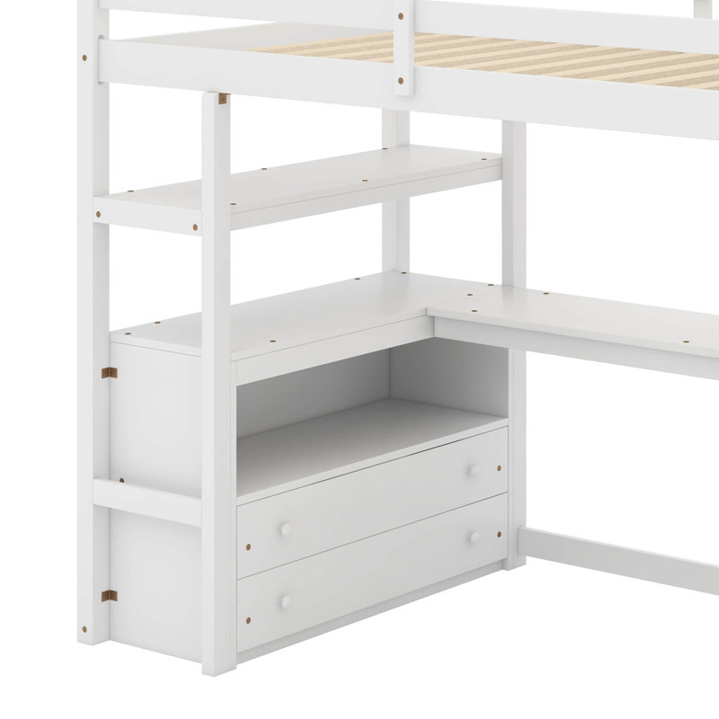 Lit mezzanine simple avec bureau et tablettes, Blanc