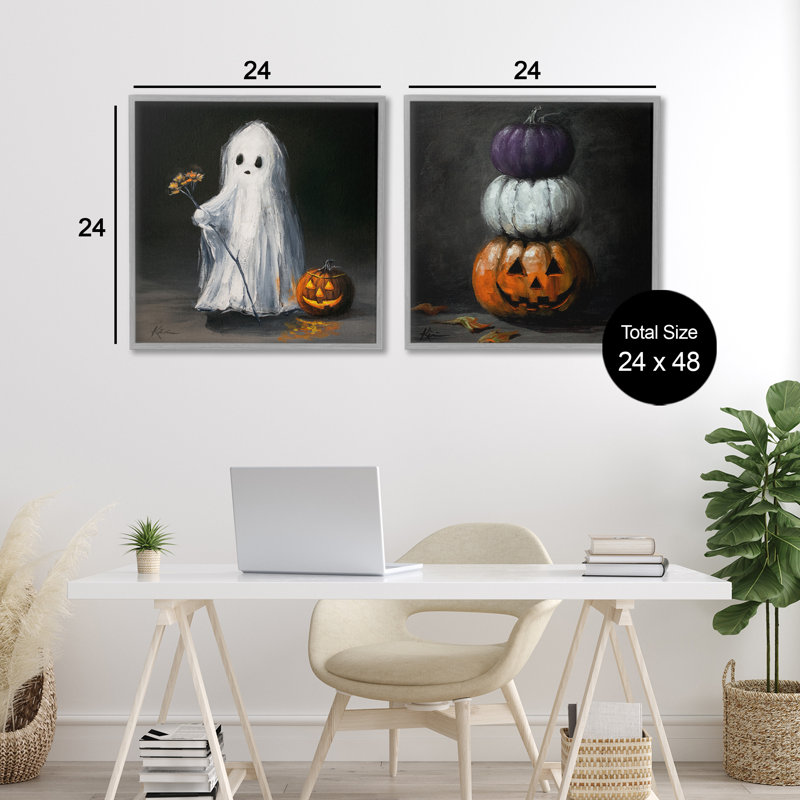 Ensemble de 2 giclées vintage d'Halloween fantôme et citrouille empilées, design par Lindsay Kivi Fine Art, H 24 po x l 24 po