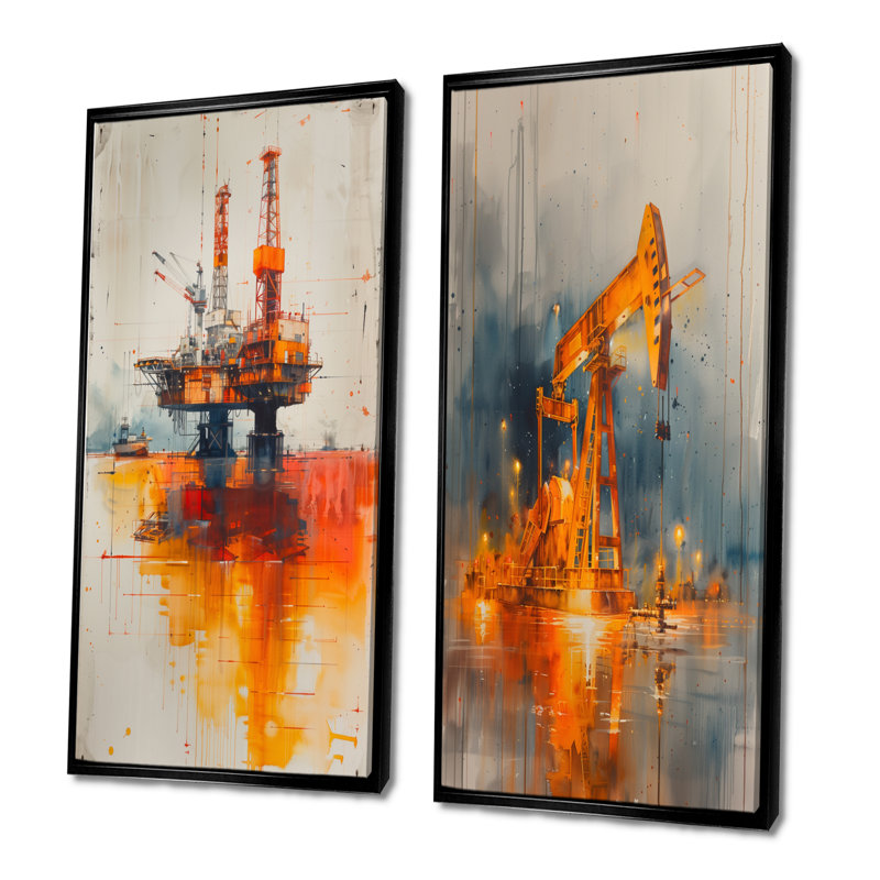 Ensemble de 2 pièces d'art mural orange et gris «Oiling the future», H 40 po x l 40 po, Noir, noir, noir, noir