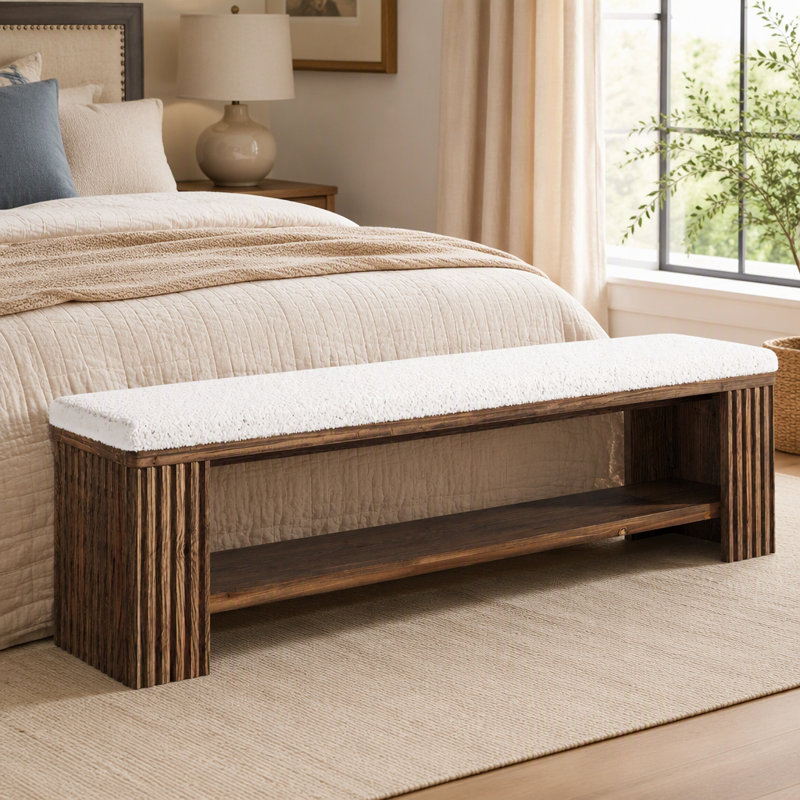 Banc de 63 po en bois massif, banc de bout rembourré moderne, Marron foncé, Marron foncé