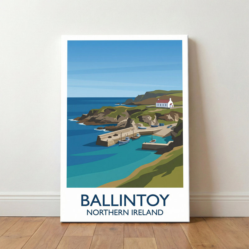 Ballintoy, Northern Ireland - Romantic Coastal Travel Poster of Harbour, Cliffs and Sea. Giclee Print on Wrapped Canvas. Wall Art, Home Decor - Cities & Towns, Northern Ireland 1 Piece Wrapped Canvas Wall Art