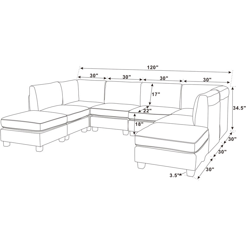 Dawnelle 120" Wide Symmetrical Modular Sectional with Ottoman, Middle Gray Polyester Blend