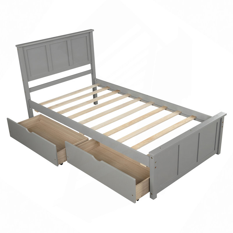 Lit plateforme avec rangement, 2 tiroirs avec roulettes, cadre, gris