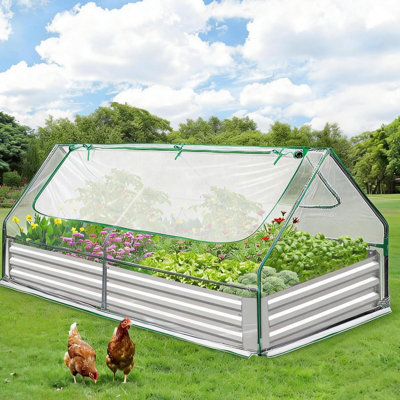 Boîte à fleurs d'extérieur en métal avec couvercle, lit de jardin surélevé 8 x 4 x 1 pi et mini serre avec 2 fenêtres pour la culture de légumes et de fleurs