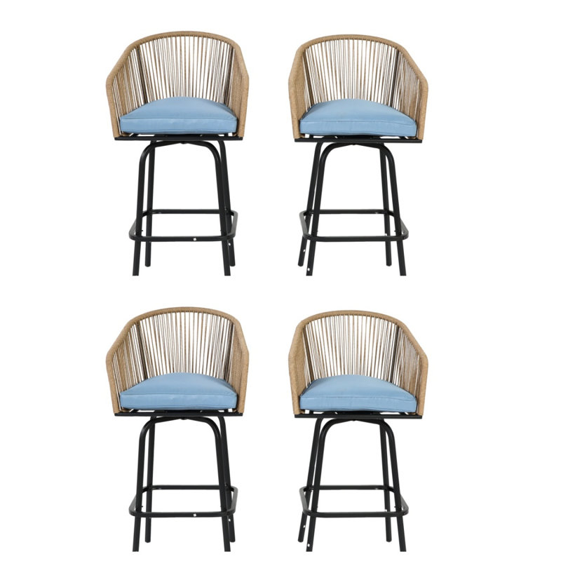 Outdoor Bar Stools Set Of 4, 4-Piece Patio Bar Stools With Armrests, All Weather Rattan Bar Chairs With Backrest, Wicker Bar Stools