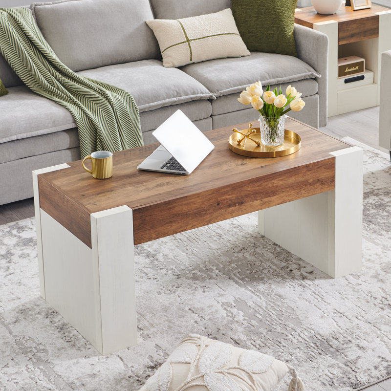 48" Modern Farmhouse Coffee Table With Hidden Storage Drawer,wood Thick Design For Living Room, Brown, White Wood