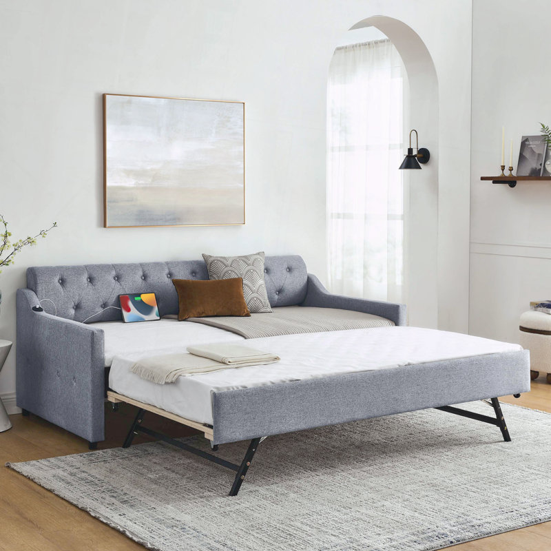Upholstery DayBed Erectable Trundle USB Charging Linen Design, Gray