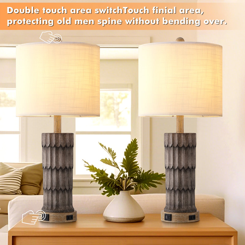 25" Resin Single Table Lamp With USB,Tyoe-C Ports, Distressed Wood, White
