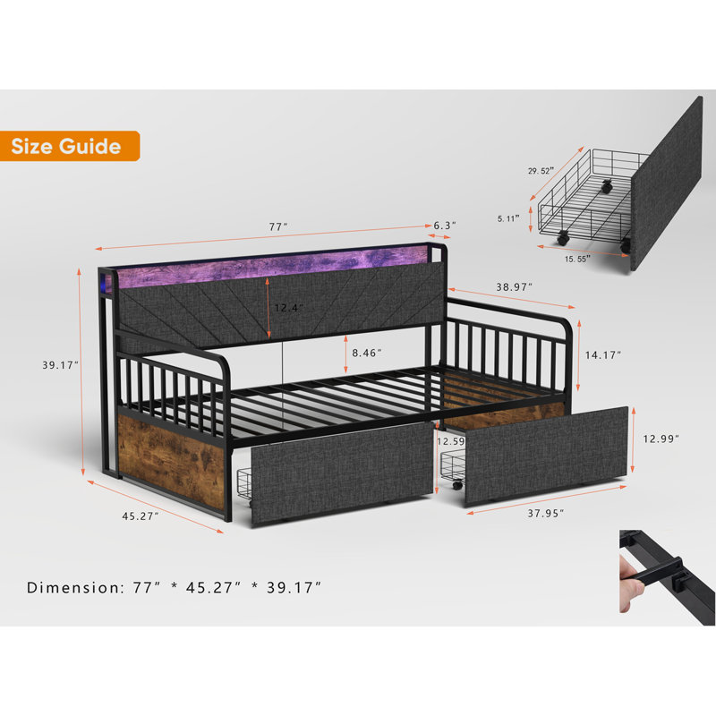 Twin Daybed With Drawers, Sturdy Metal Frame, Upholstered Headboard, And Charging Station For Versatile Use In Living Room, Bedroom, And Guest Room