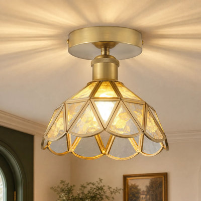 Vintage 1 Light Polished Brass Flush Mount Ceiling Light with Textured Glass Shade