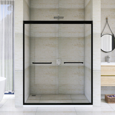 Porte de douche à double cadre coulissante en aluminium noir mat 56-60 "x H 72"