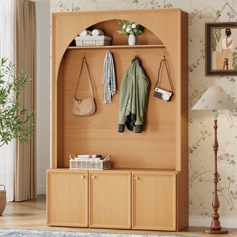 Farmhouse All-in-One Hall Tree with Shelves, Retro Arched Entryway Storage Bench with 3 Cabinets, Wooden Coat Rack Organizer with 4 Hooks for Mudroom, Hallway