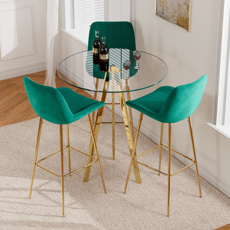 Pub Table and Velvet Fabric Pedestal Bar Stool Dining Set, Green, 3 Pieces: Table, 2 Chairs
