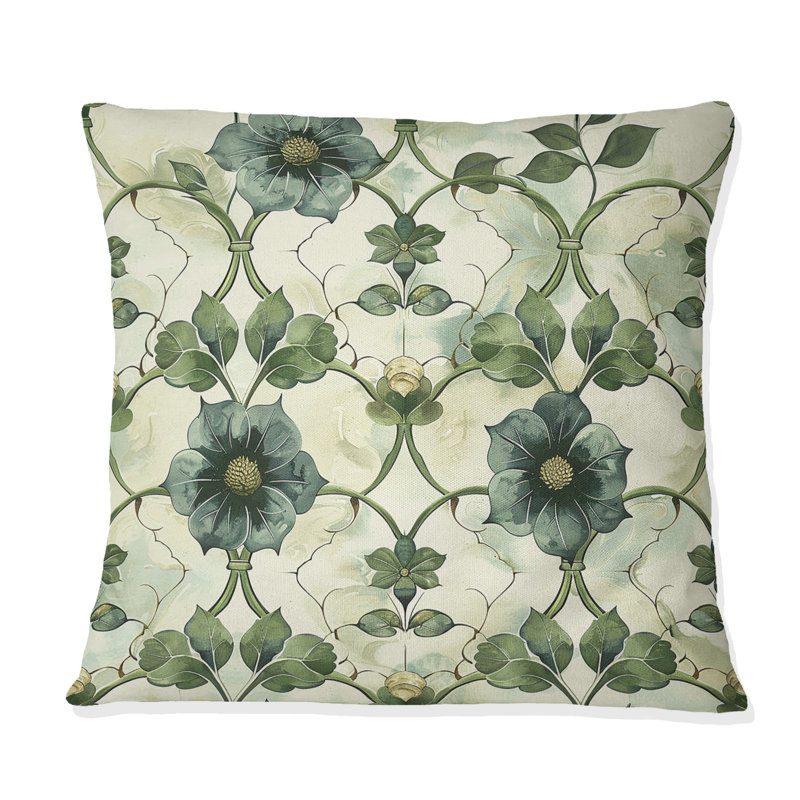 Coussin décoratif à motif floral vert beige et treillis I, H 16 po x l 16 po