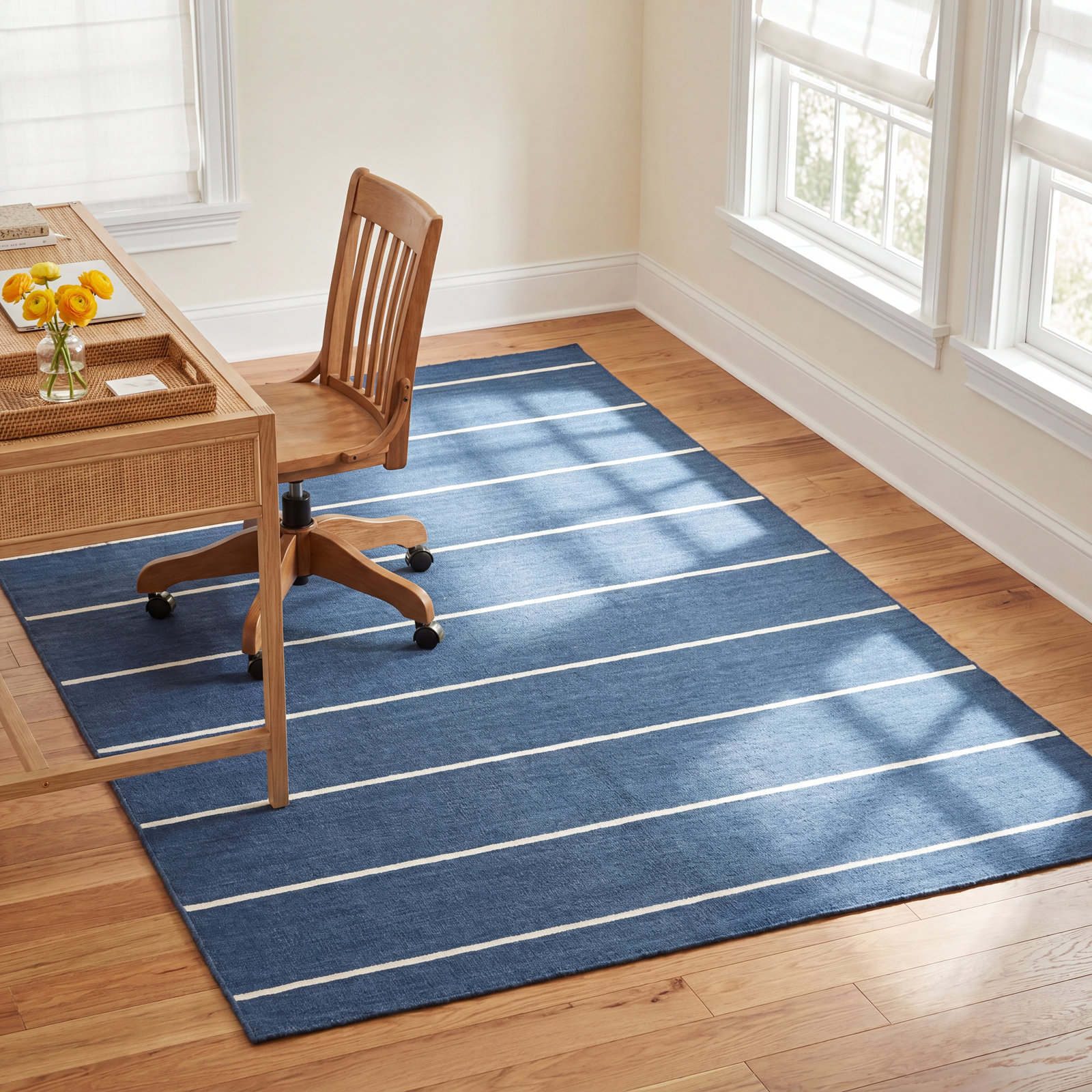 Creekmont Blue Cream Hand-Woven Striped Wool Rug, Rectangle 7'6'' x 9'10''