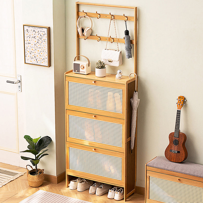 Shoe Cabinet With 3 Rattan Flip Drawers, Bamboo Shoe Storage Cabinet With Coat Hooks