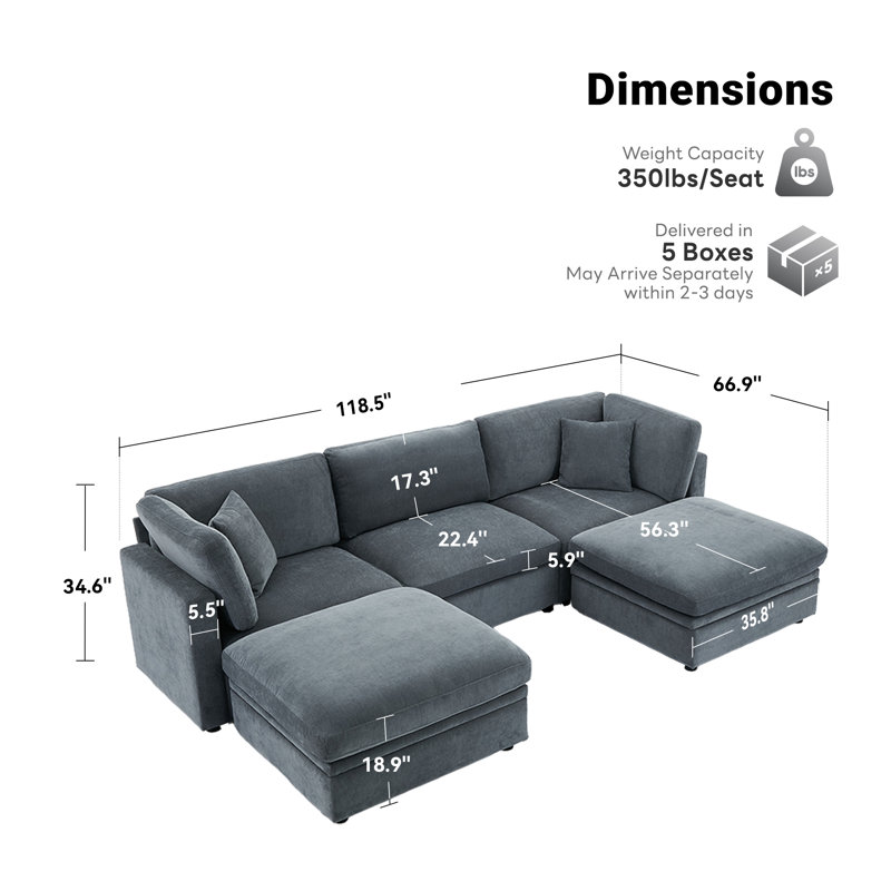 Oversized Down-Filled Modular Sofa With Ottomans, Gray Chenille