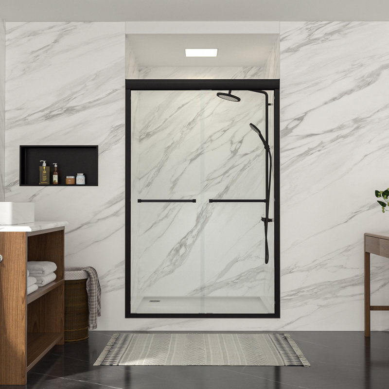 48 - 48 1/3" W x 76" H Frameless Double Sliding Shower Door Bathroom 1/4 inch Tempered Glass Shower Door, Matte Black