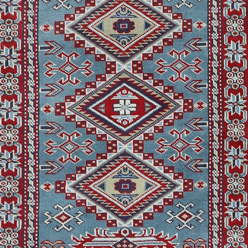 Tapis décoratif en laine noué à la main bleu clair, rouge, ivoire et motif géométrique médaillon 2 x 3 pi