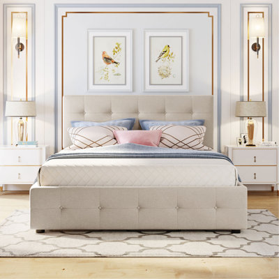 Grand lit plateforme tapissier avec 2 tiroirs de rangement et gigogne simple TG, beige foncé