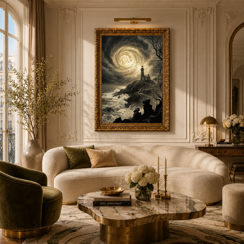 Art sur toile, "Phare sur une falaise orageuse avec lune tourbillonnante", 30"H x 20"W