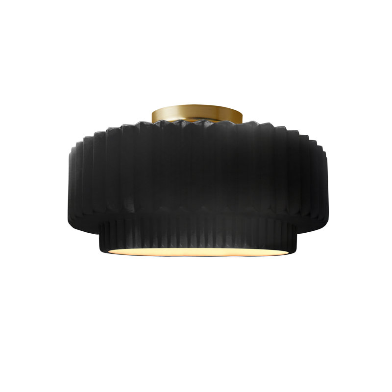 Radiance Ceramic Pleated Semi-Flush Mount, Gloss Black/Matte White, Brushed Brass, 7" H x 12" W x 12" D