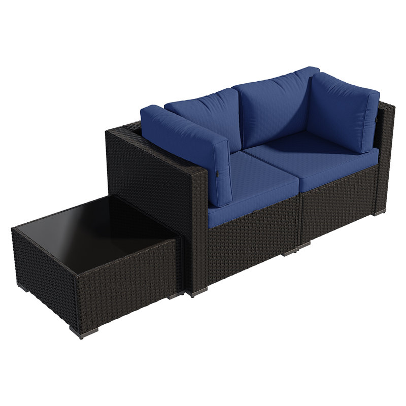 3 -Person Rattan Patio Safo With Cushions, Blue, Black