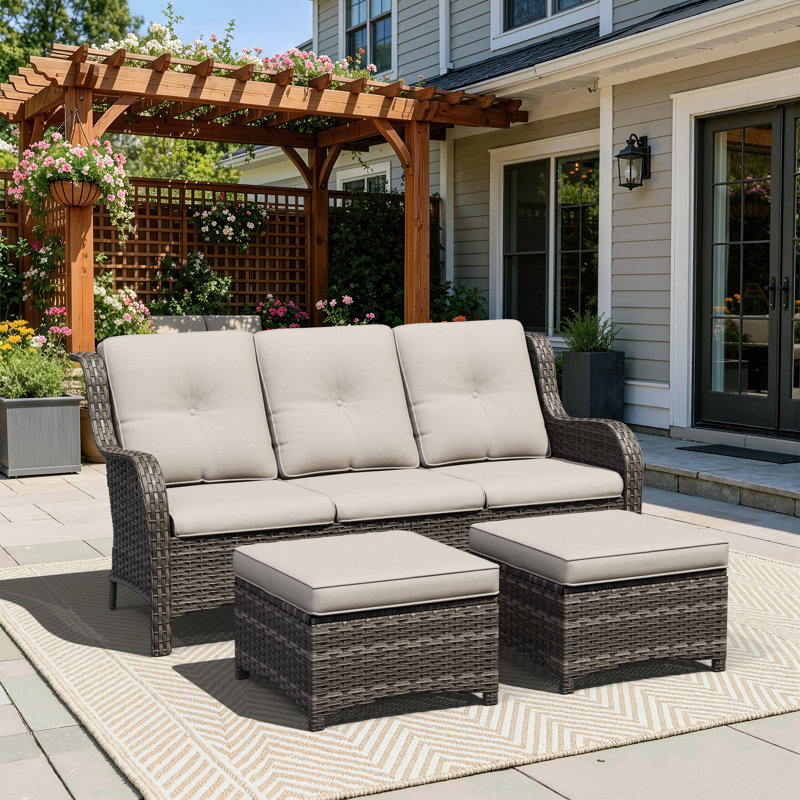 73'' Wide Wicker Patio Sofa with Cushions, Biege