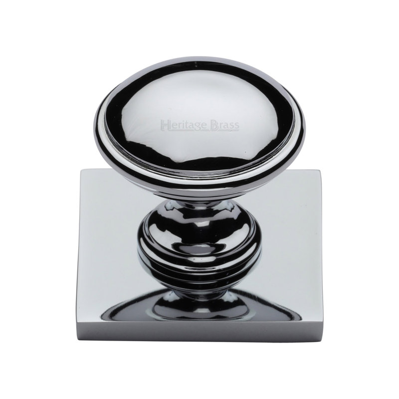 Heritage Brass Cabinet Knob Domed Design with Square Backplate, Polished Chrome