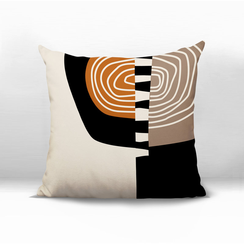 Coussin Marti, H 19 po x l 19 po, Orange brûlé / noir / blanc cassé abstrait