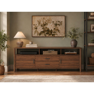 70" Long TV Stand, Mid Century Modern Entertainment Center with Open Shelves, 2 Drawers and 2 Cabinets for Living Room, Round Edge TV Cabinet for TV Up to 65/70/80 Media Console Table (Walnut)
