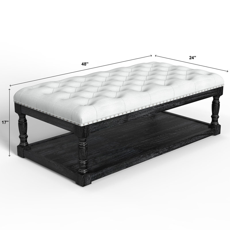 Upholstered Ottoman, White Linen Blend, Black