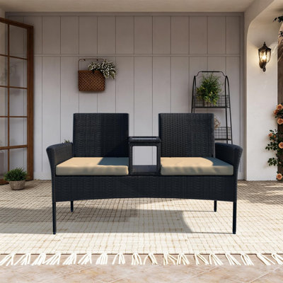 PE Wicker Outdoor Loveseat with Wide Armrests, Built‑in Glass Side Table & Soft Cushions,Weather Resistant Outdoor Patio Furniture Set for Patio, Backyard, Garden, Porch(Beige‑Black)