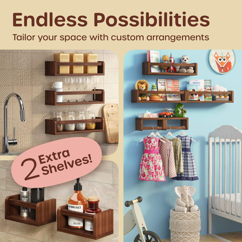3+2 Floating Nursery Book Shelves, Brown