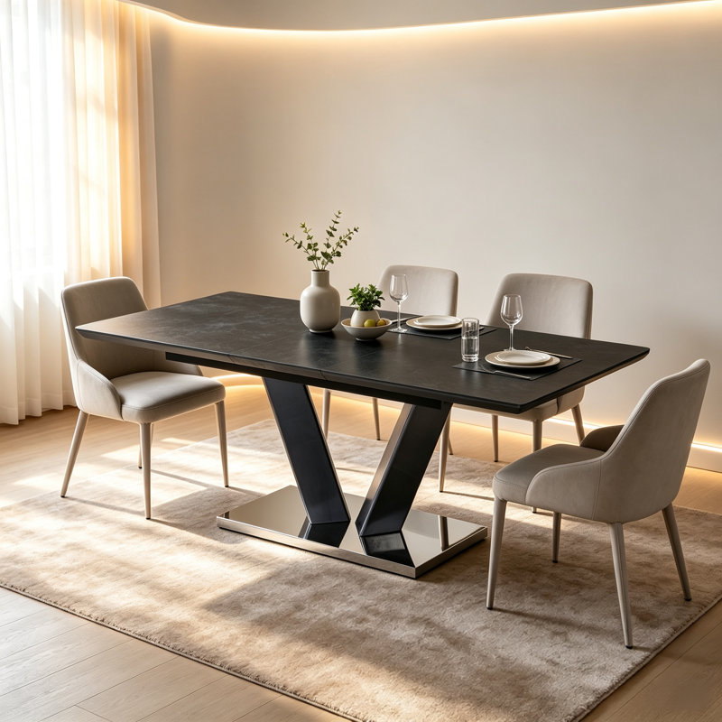 Table de salle à manger extensible en pierre frittée moderne de luxe moderne, table de salle à manger rectangulaire à 6 places avec rallonge papillon autoportante, piédestal en forme de V, meuble de salle à manger contemporain de cuisine