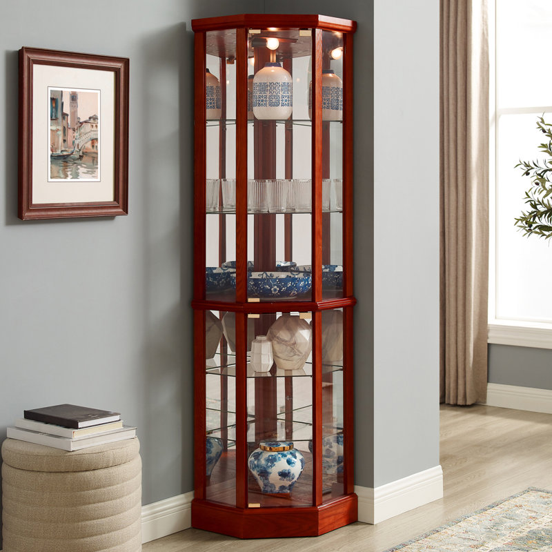 Armoire vitrée à dossier en miroir à 6 tablettes avec tablettes réglables, Cerisier