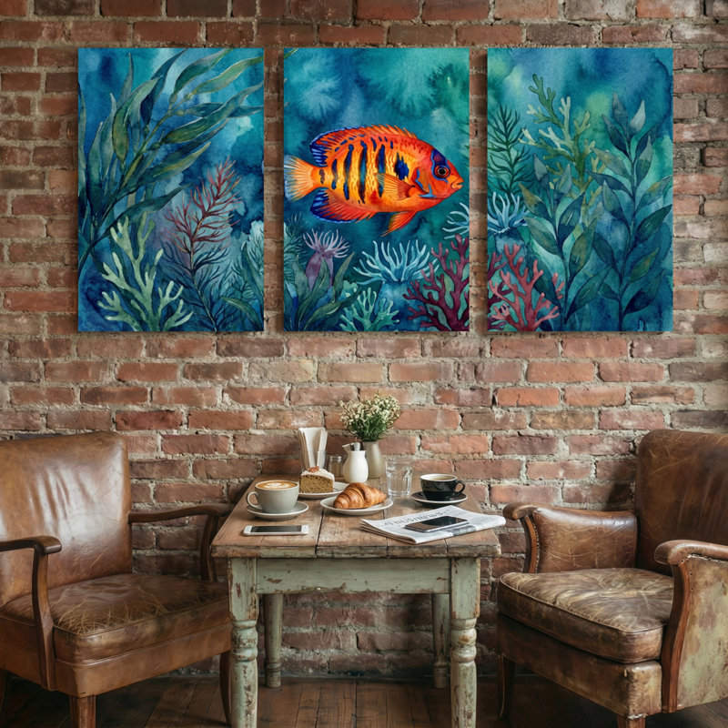 Animaux, poisson coloré, récif corallien, ensemble de 3 impressions sur toile, H 18 po x l 36 po
