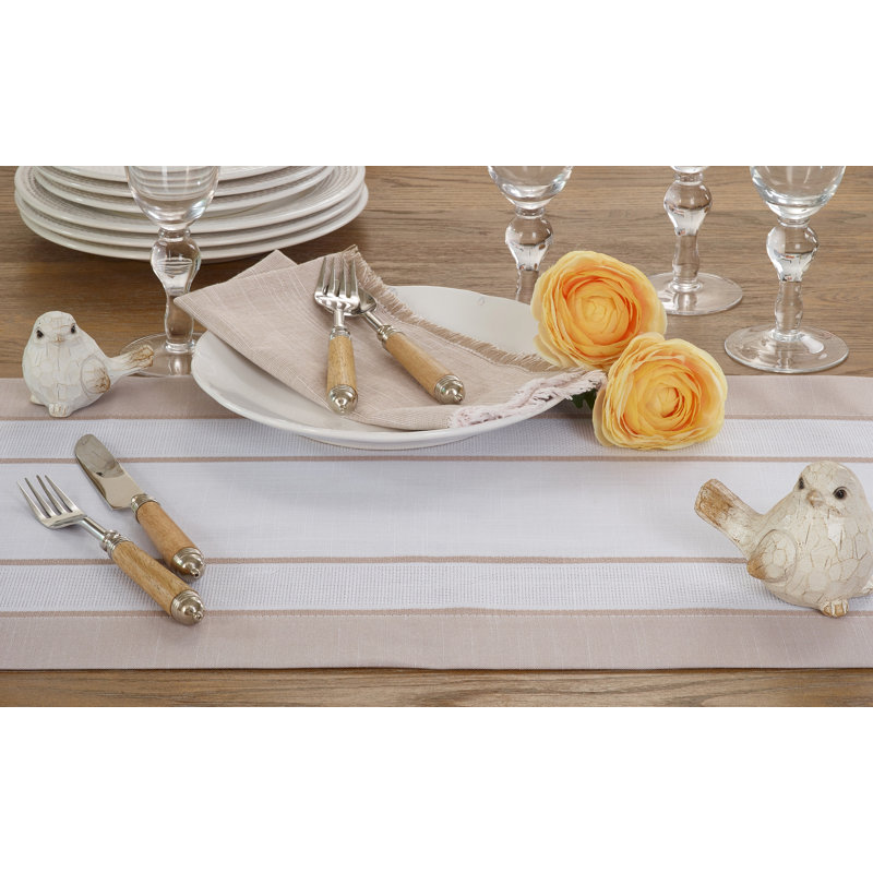 Beige and White Polyester Table Runner with Banded Border