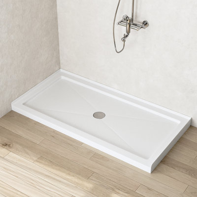 60''W Shower Base in White with Single Threshold Shower Pan, Non-slip Design