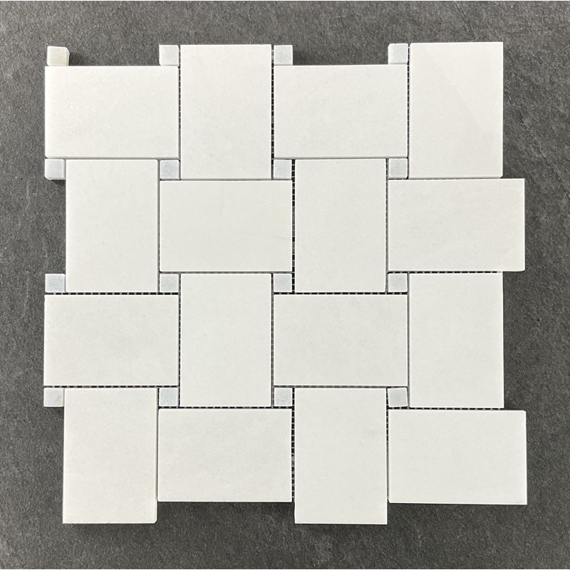 White/Gray Carrara Large Basketweave Marble Mosaic Wall & Floor Tile, Thassos White/Blue Celeste